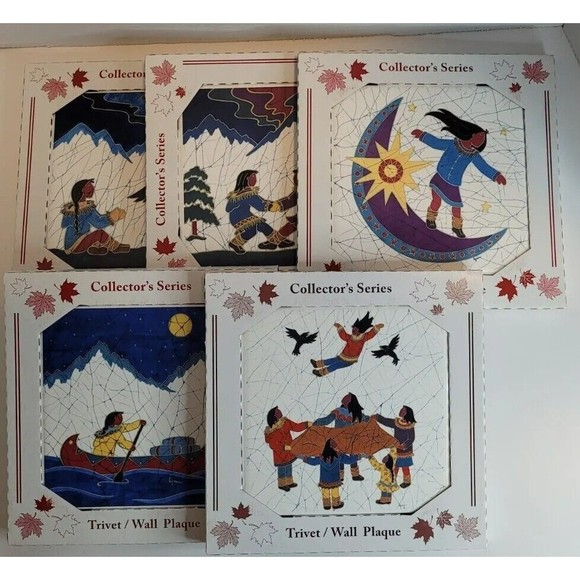Vintage Art Tile Trivet Wall Plaques 5pc Set Indigenous Native Canada Blaikie - Picture 1 of 11